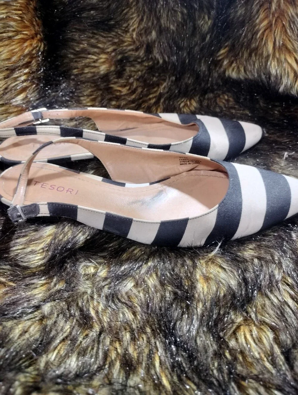 Tesori Black and Cream Striped Pointed Slingback Flats
